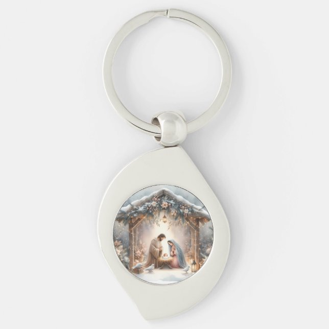 Rustic Nativity Scene with Winter Florals Key Ring (Front)