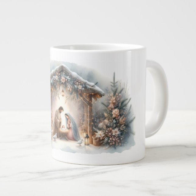 Rustic Nativity Scene with Winter Florals Large Coffee Mug (Front Right)