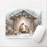 Rustic Nativity Scene with Winter Florals Mouse Mat<br><div class="desc">This serene nativity scene captures the peaceful beauty of the Holy Family beneath a rustic wooden stable, gently lit by lanterns and surrounded by soft snowfall. The design features Mary, Joseph, and baby Jesus in a warm, reverent moment, accentuated by delicate winter florals, snow-covered pine branches, and glowing string lights....</div>