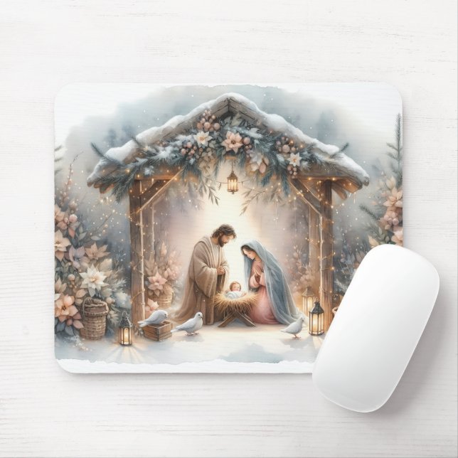 Rustic Nativity Scene with Winter Florals Mouse Mat (With Mouse)