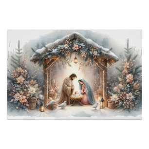 Rustic Nativity Scene with Winter Florals Poster