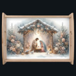Rustic Nativity Scene with Winter Florals Serving Tray<br><div class="desc">This serene nativity scene captures the peaceful beauty of the Holy Family beneath a rustic wooden stable, gently lit by lanterns and surrounded by soft snowfall. The design features Mary, Joseph, and baby Jesus in a warm, reverent moment, accentuated by delicate winter florals, snow-covered pine branches, and glowing string lights....</div>