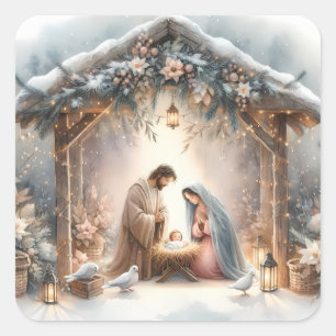 Rustic Nativity Scene with Winter Florals Square Sticker