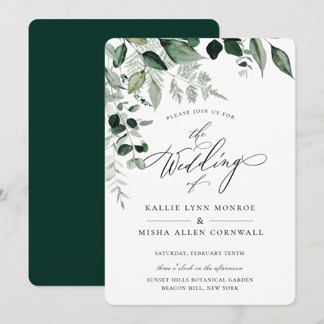 Rustic Natural Botanic Foliage Calligraphy Wedding Invitation (Front/Back)