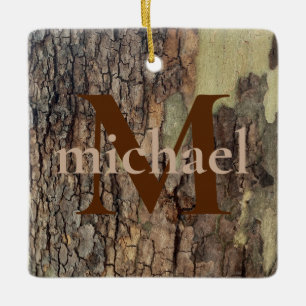 Rustic natural distressed tree bark forest trees ceramic ornament