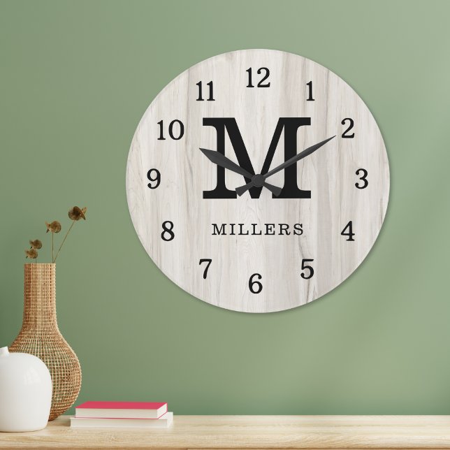 Rustic Natural Light Wood Family Name Monogrammed Large Clock (Creator Uploaded)
