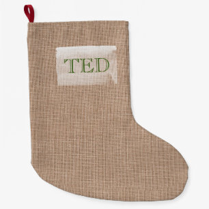 Rustic Natural Linen Christmas NAME red green Large Christmas Stocking