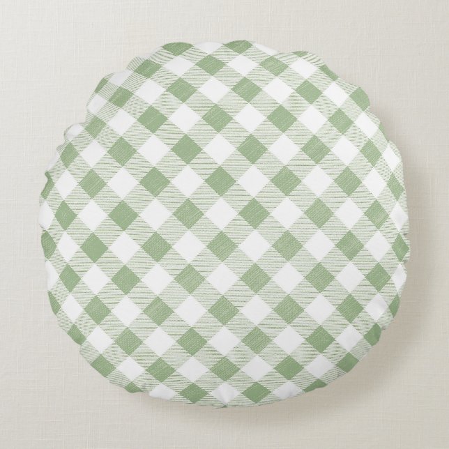 Rustic Natural Sage Gingham Plaid Round Cushion (Front)