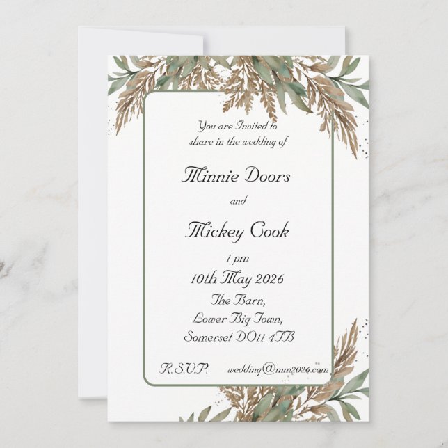 Rustic natural style -green and brown foliage invitation (Front)