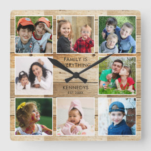 Rustic Natural Wood 8 Photo Collage Family Quote  Square Wall Clock