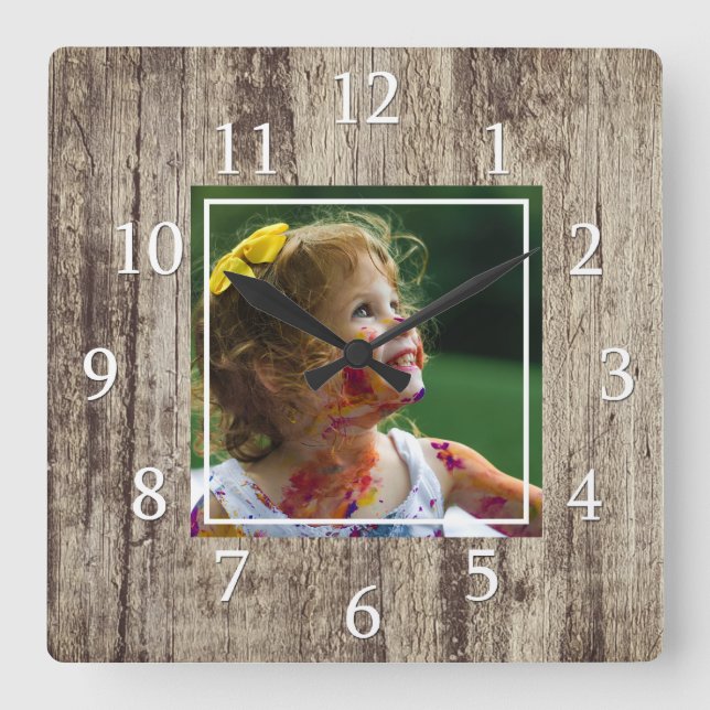 Rustic Natural Wood Custom Photo Square Wall Clock (Front)