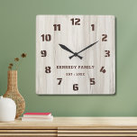 Rustic Natural Wood Family Name Farmhouse Square Wall Clock<br><div class="desc">Simple and rustic wood farmhouse wall clock personalized with family name and established year. Makes a thoughtful gift for housewarming, holidays and weddings.</div>