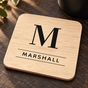 Rustic Natural Wood Serif Monogram Name Coaster