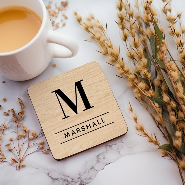 Rustic Natural Wood Serif Monogram Name Coaster (Creator Uploaded)