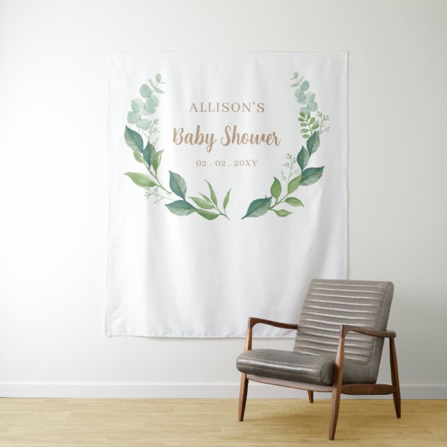 Rustic Nature Greenery Baby Shower Backdrop Tapestry (In Situ)