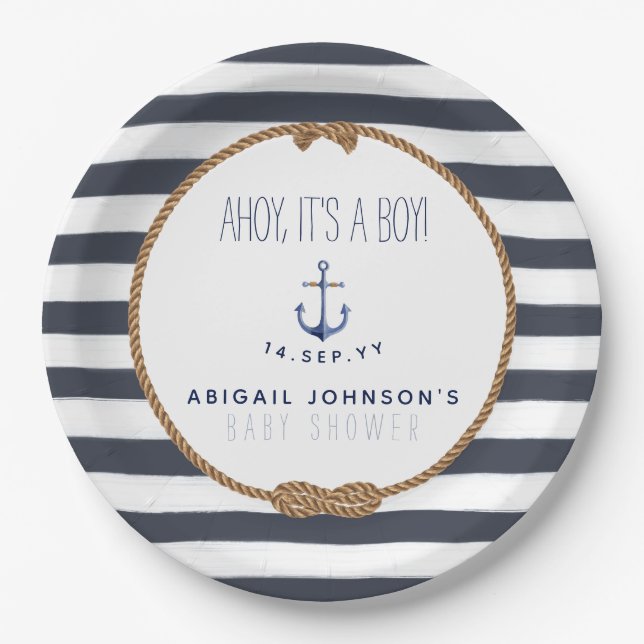 Rustic Nautical Ahoy It's A Boy Baby Shower Navy Paper Plate (Front)
