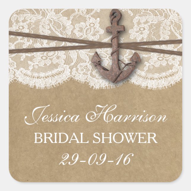 Rustic Nautical Anchor Beach Bridal Shower Square Sticker (Front)