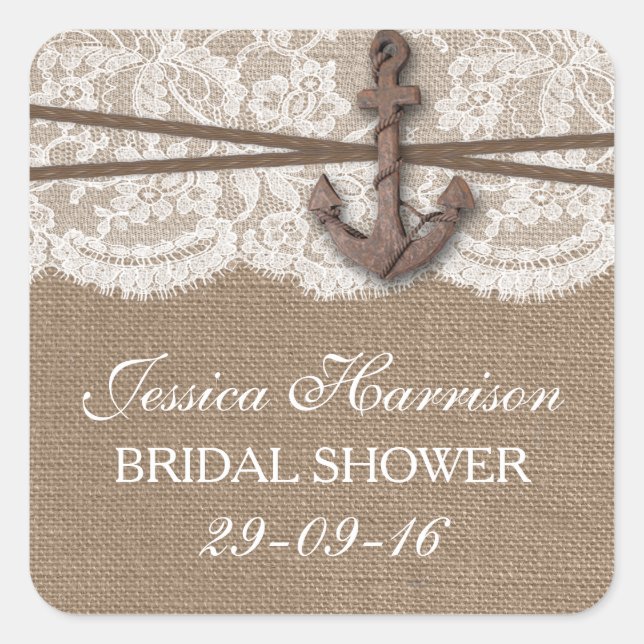 Rustic Nautical Anchor Beach Bridal Shower Square Sticker (Front)