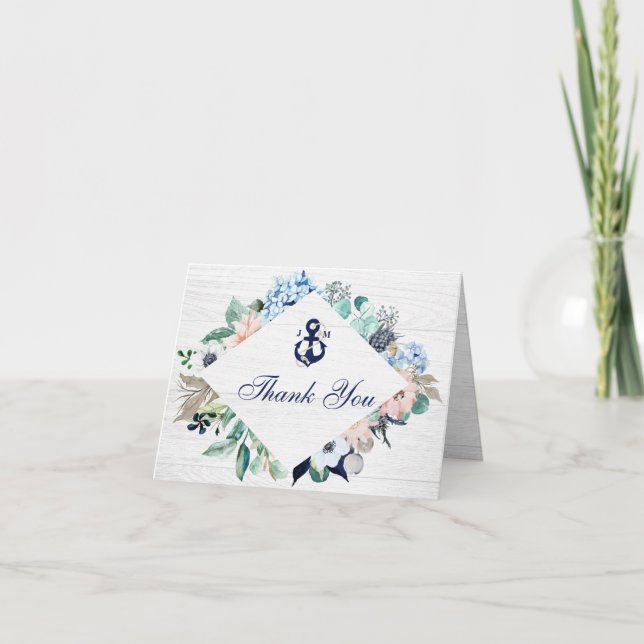 Rustic Nautical Anchor Monogram Floral Thank You Card (Front)
