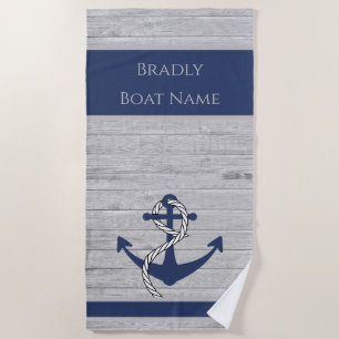 Rustic Nautical Anchor Personalised Navy Blue Beach Towel