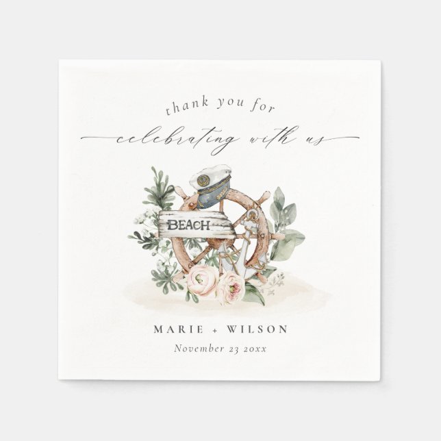 Rustic Nautical Anchor Wheel Leafy Floral Wedding Napkin (Front)