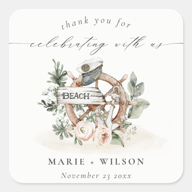 Rustic Nautical Anchor Wheel Leafy Floral Wedding Square Sticker (Front)