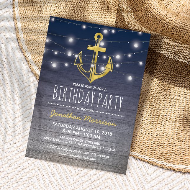 Rustic Nautical Blue Gold Mens Birthday Party Invitation (Creator Uploaded)
