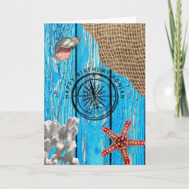 Rustic Nautical Blue Wood Burlap Starfish Birthday Card (Front)