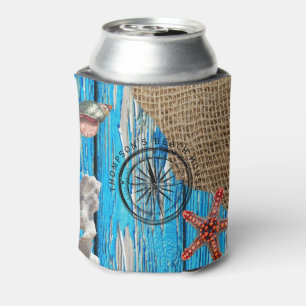 Rustic Nautical Blue Wood Burlap Starfish Can Cooler