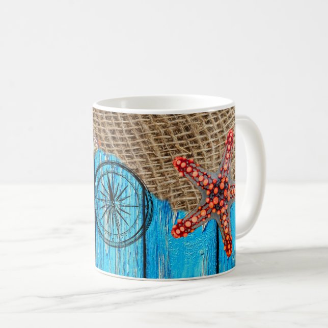Rustic Nautical Blue Wood Burlap Starfish Coffee Mug (Front Right)