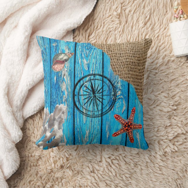 Rustic Nautical Blue Wood Burlap Starfish  Cushion (Blanket)