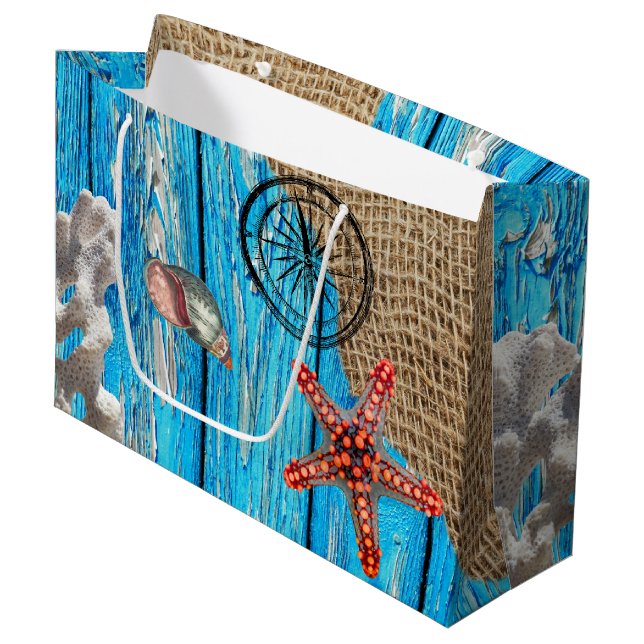 Rustic Nautical Blue Wood Burlap Starfish  Large Gift Bag (Front Angled)