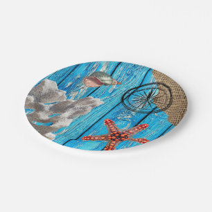 Rustic Nautical Blue Wood Burlap Starfish Paper Plate