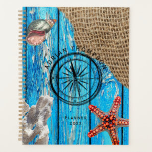 Rustic Nautical Blue Wood Burlap Starfish Planner
