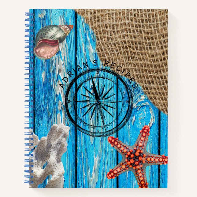 Rustic Nautical Blue Wood Burlap Starfish Recipe Notebook (Front)