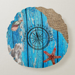 Rustic Nautical Blue Wood Burlap Starfish Round Cushion