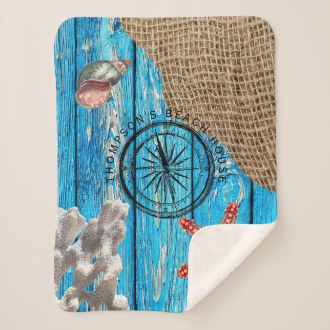 Rustic Nautical Blue Wood Burlap Starfish Sherpa Blanket (Front)