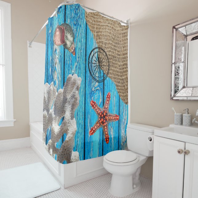 Rustic Nautical Blue Wood Burlap Starfish Shower Curtain (In Situ)
