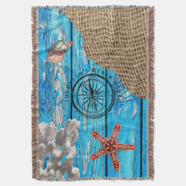 Rustic Nautical Blue Wood Burlap Starfish Throw Blanket (Front Vertical)