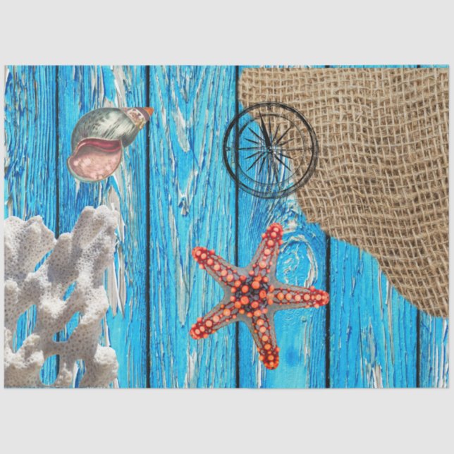 Rustic Nautical Blue Wood Burlap Starfish  Tissue Paper (Front)