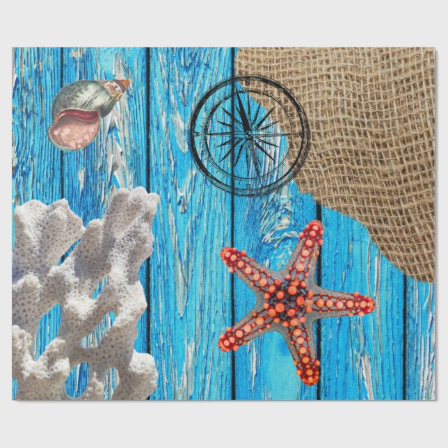 Rustic Nautical Blue Wood Burlap Starfish Wrapping Paper (Flat)