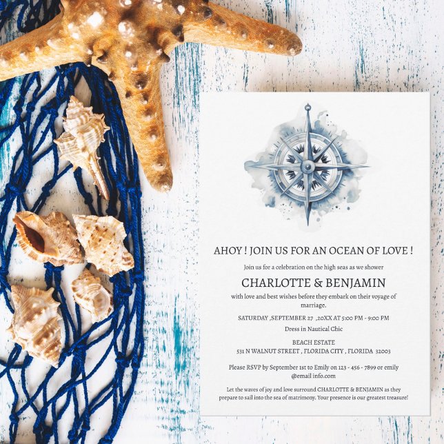 Rustic Nautical Compass Beach Couple Shower Invitation (Creator Uploaded)