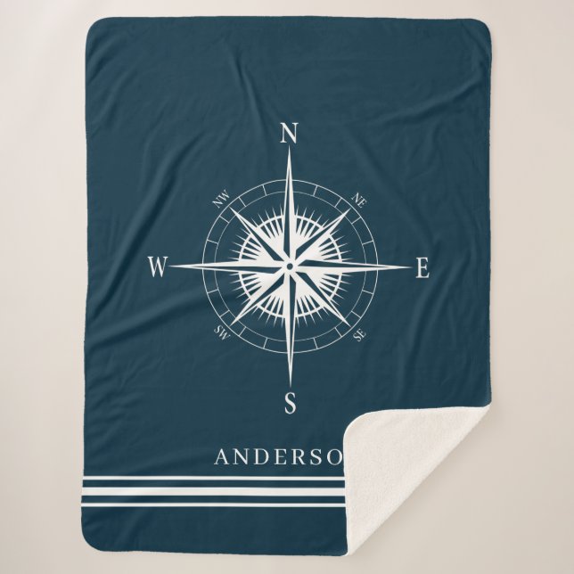 Rustic Nautical Compass Personalised Family Sherpa Blanket (Front)