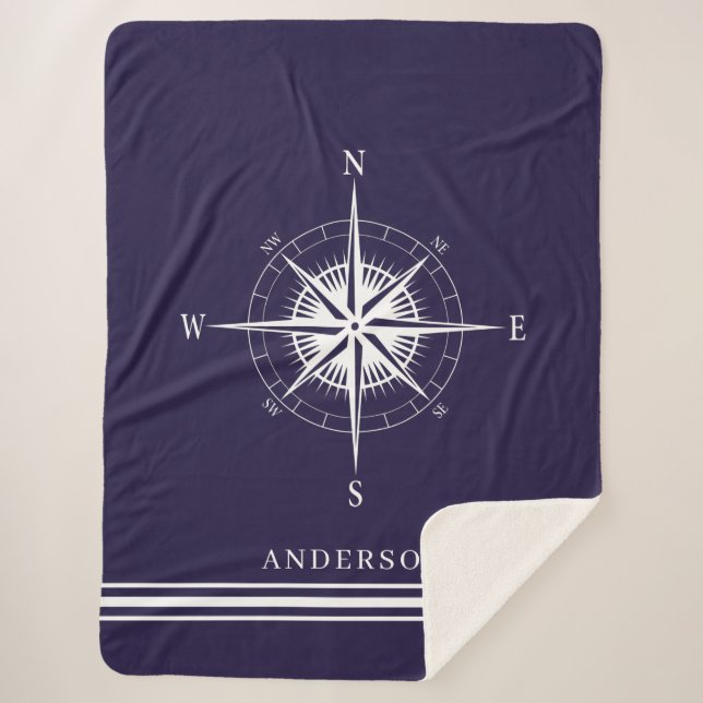 Rustic Nautical Compass Personalised Family Sherpa Blanket (Front)