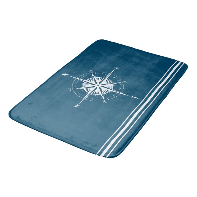 Rustic Nautical Compass with Stripes Bath Mat (Angled)