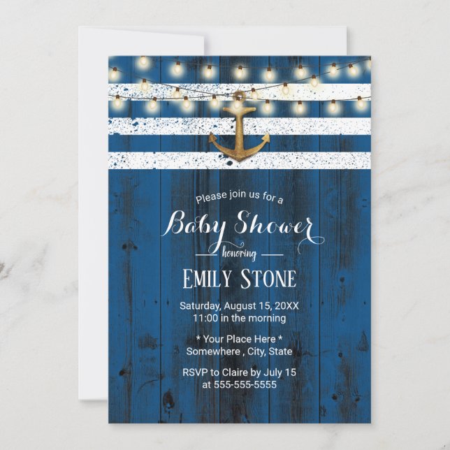 Rustic Nautical Gold Anchor Navy Barn Baby Shower Invitation (Front)
