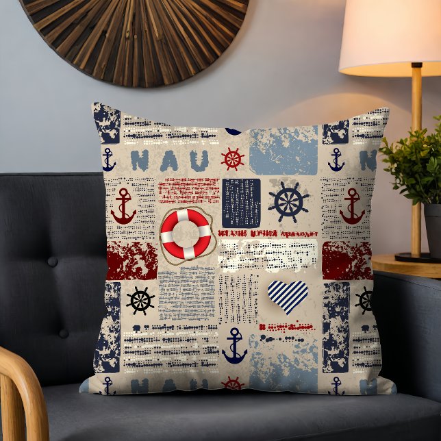 Rustic Nautical Grunge Anchor Wheel Heart Pattern Cushion (Creator Uploaded)