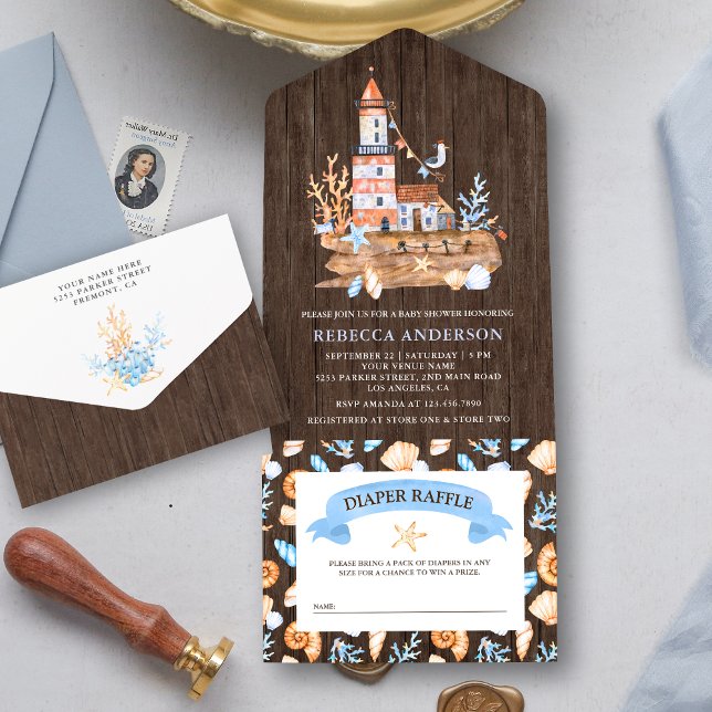 Rustic Nautical Lighthouse Wood Baby Shower All In One Invitation (Creator Uploaded)