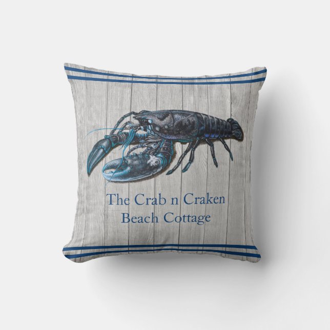 Rustic Nautical Navy lobster Coastal Grey wood Cushion (Front)