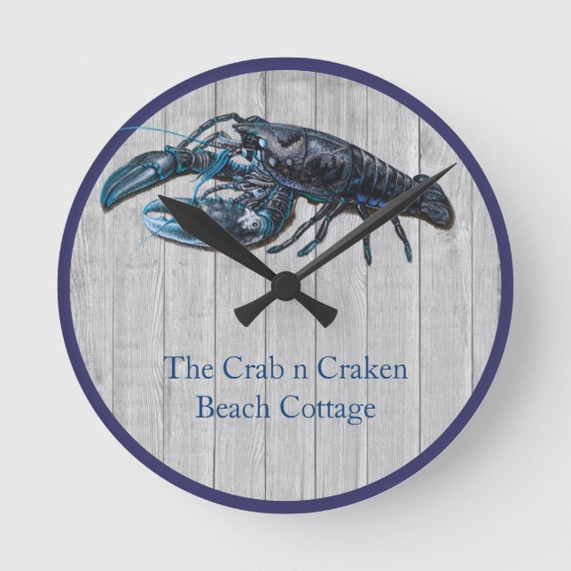 Rustic Nautical Navy lobster Coastal Grey wood  Round Clock (Front)